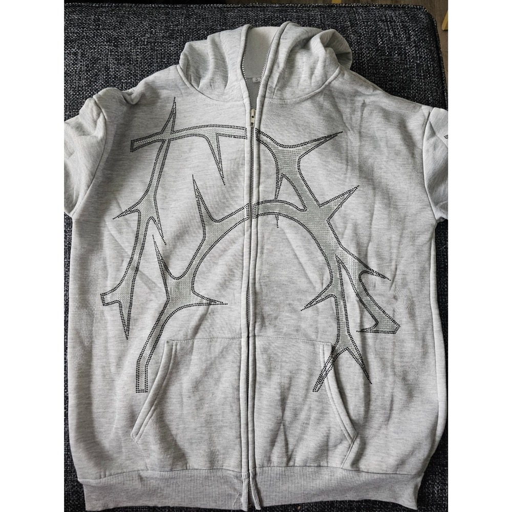 Unbranded Rhinestone Graphic Zip Up Hoodie‎  Small Gray Excellent Streetwear - Picture 5 of 8